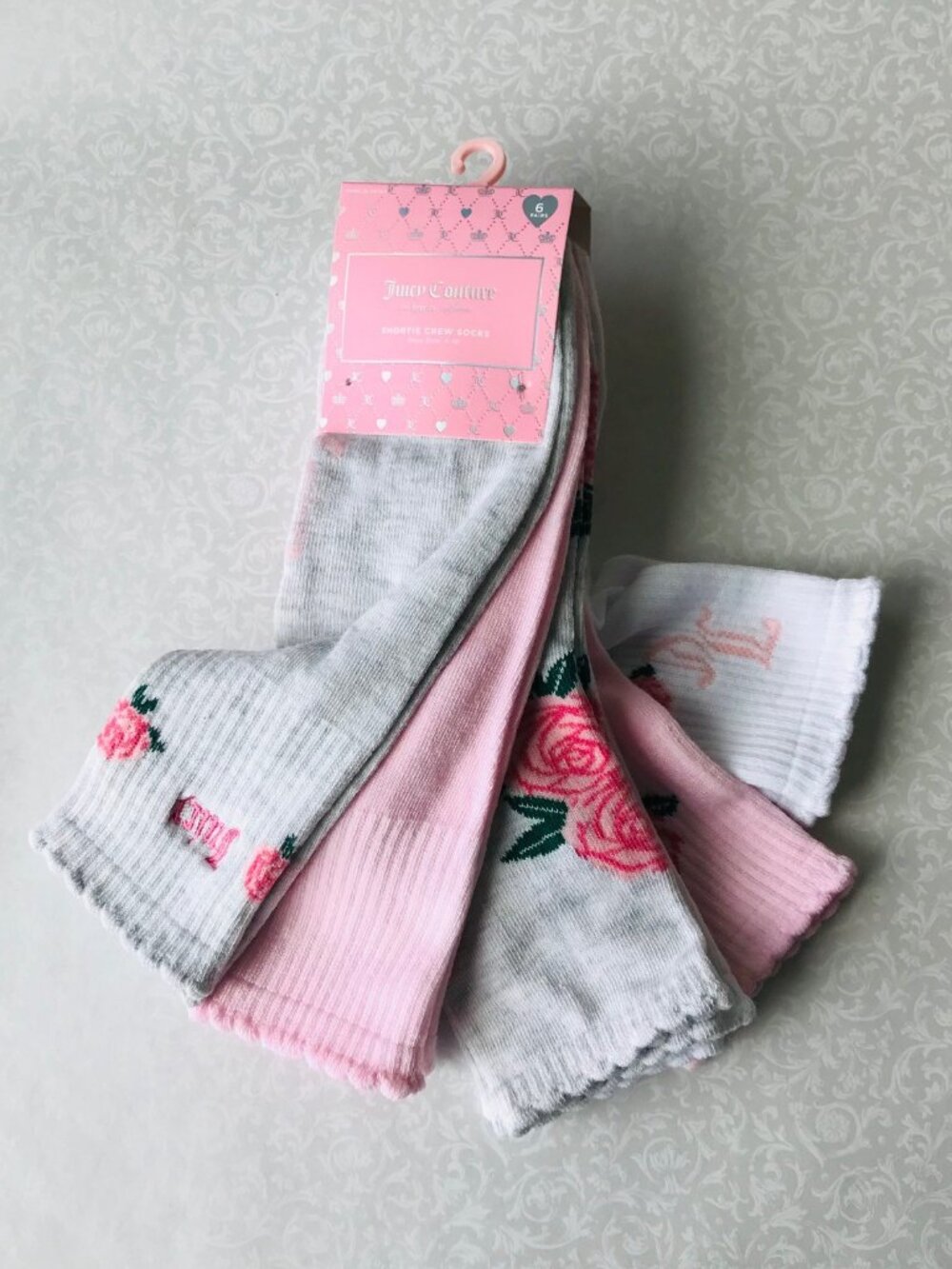Juicy Couture Shortie Crew Socks Flower White & Pink  Size 4-10  6 Pk